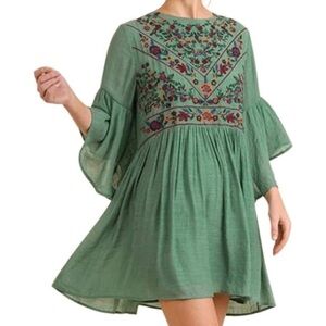 Umgee Green Casual Mini Bohemian Dress with 3/4 Bell Sleeves Size M.